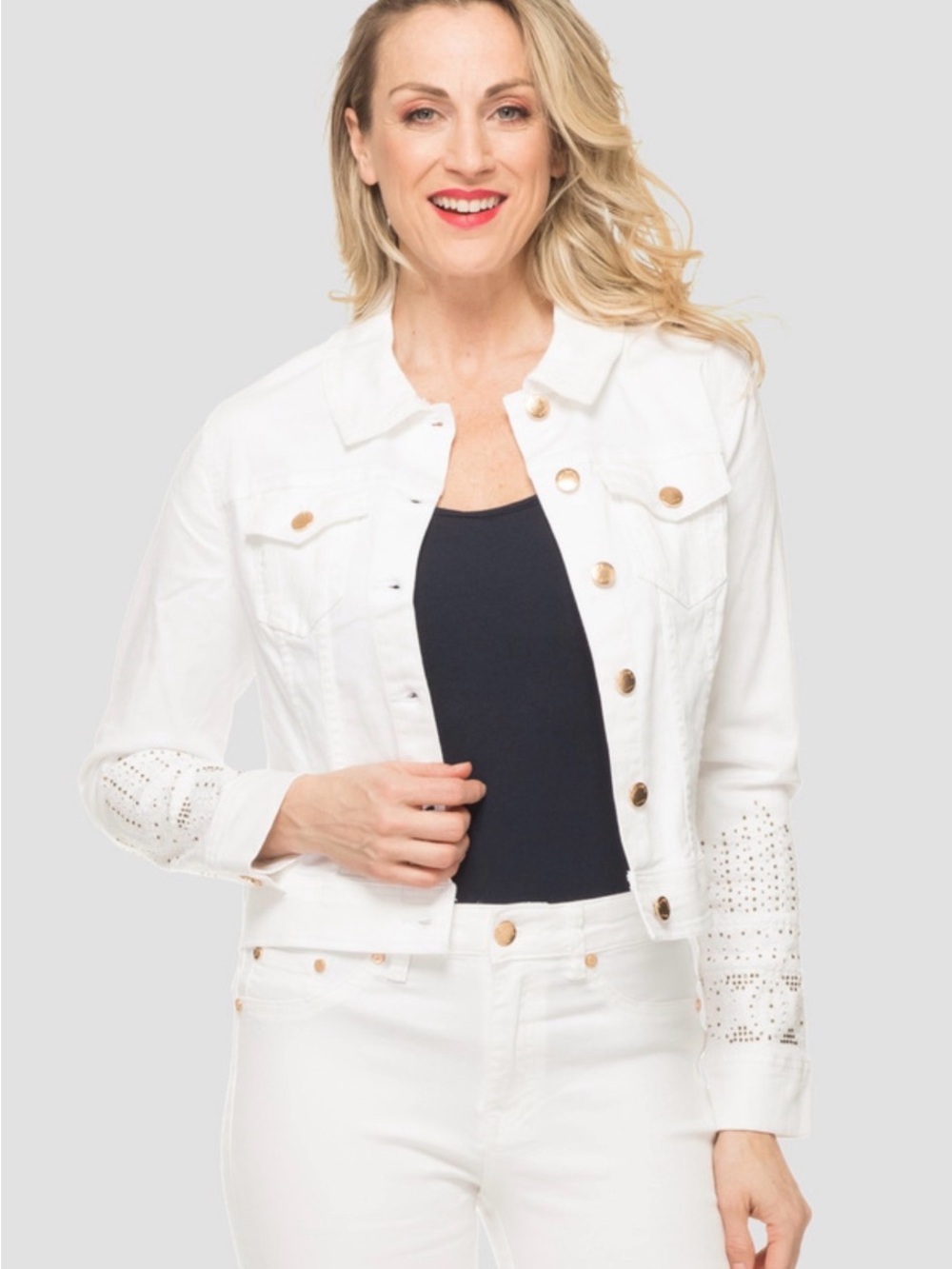 Joseph Ribkoff White Eyelet-Sleeve Jean Jacket
